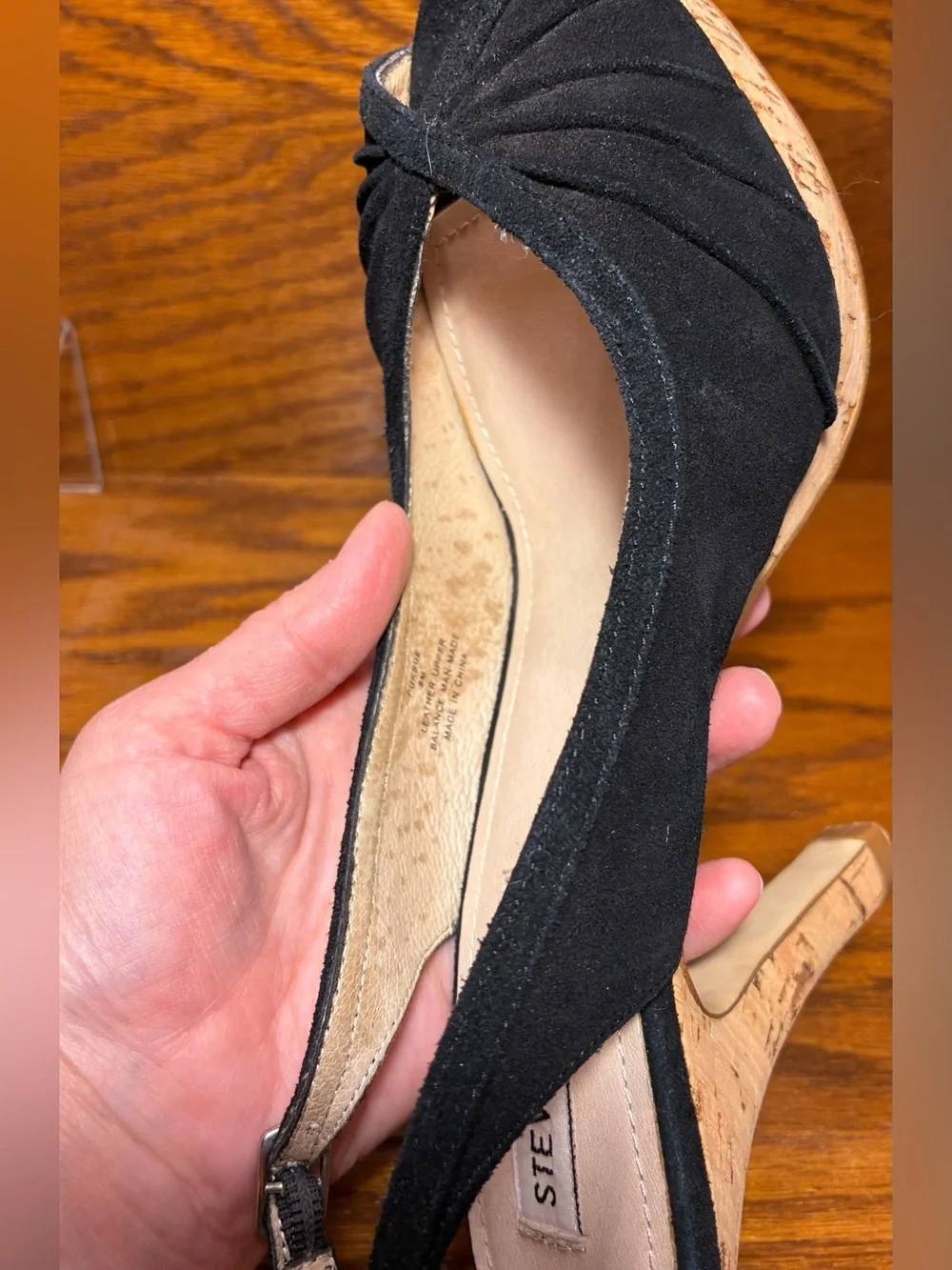 Y2K Steve Madden Cork Platform Slingback Peep Toe Heels Black Suede Size 8
